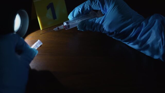 Evidence collection, a gloved hand capping a bloody syringe and taking it away from a wooden floor with dried blood next to a yellow evidence marker under a side flashlight and police lights.
