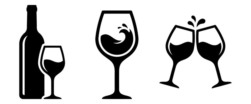 Wine bottle and glass icons, black silhouette winery symbols, set of 4 beverage vector elements for restaurant menus