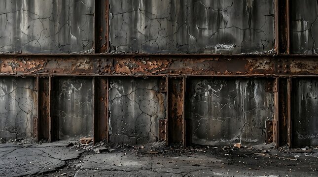 Burned and damaged interior of an abandoned building with fire destroyed metal walls and floor