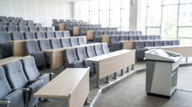 Empty university lecture hall interior featuring rows gray fabric seating wooden desks facing main speaker podium near large bright windows