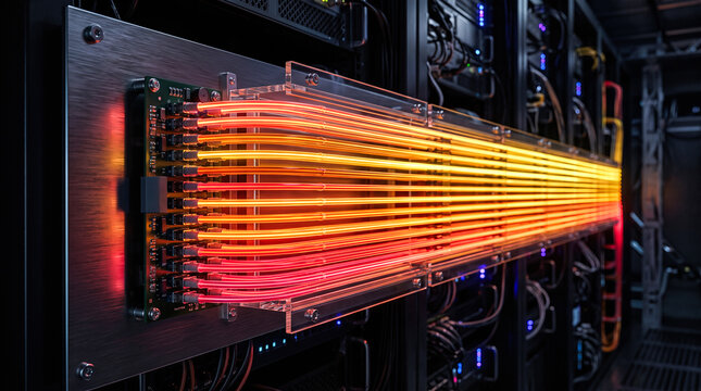 Bright glowing orange fiber optic cables transmitting high speed digital information through dark modern server rack inside advanced corporate datacenter facility