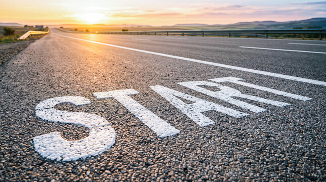 Start text written across smooth asphalt highway empty straight road bright golden sunset horizon beautiful outdoor nature landscape travel transportation direction