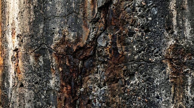 Close up of dark tree bark texture with rough natural patterns and deep cracks in a forest