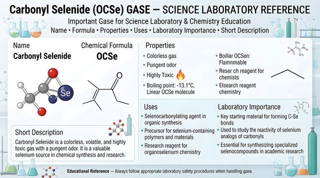 Carbonyl selenide gas science laboratory reference infographic featuring formula OCSe, molecular structure, physical properties, atmospheric chemistry relevance, selenium source uses, toxicity risks, 