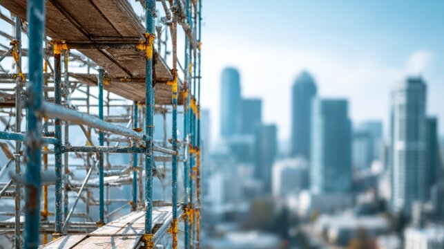 Close-up of construction scaffolding, set against a blurred city skyline. Blue sky. Detailed metal structure in focus