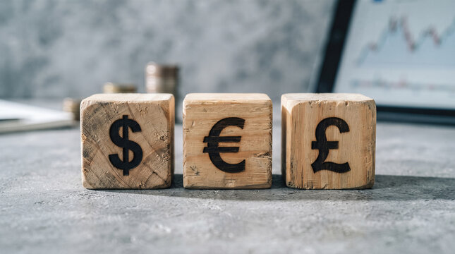 wooden cubes carved with dollar euro pound symbols arranged on concrete desk before stock trading chart screen and coins display mockup
