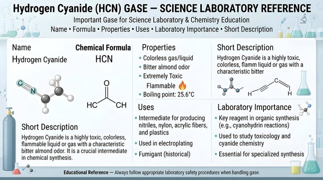  Hydrogen cyanide gas science laboratory reference chart featuring formula HCN, molecular structure, physical properties, industrial applications, fumigation uses, extreme toxicity warnings, and handl