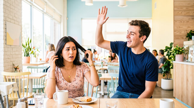 Annoyed young female customer sitting next to laughing male companion waving hand toward background people during lunch date inside crowded cafe