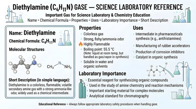 Diethylamine gas educational laboratory reference chart showing formula C4H11N, molecular structure, physical properties, solvent uses, pharmaceutical intermediates, odor traits, flammability, and saf