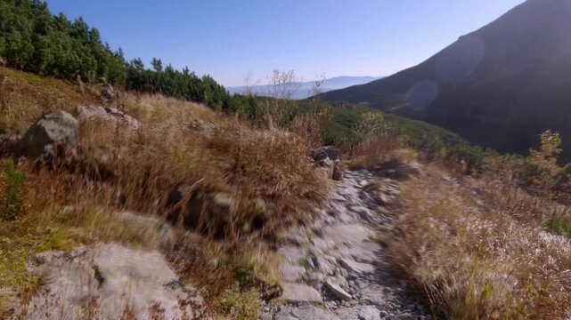 Action POV Hyperlapse Hiking Along Rocky Alpine Mountain Trail