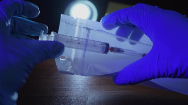 Forensic evidence bagging, gloved hands zipping a plastic bag with a capped bloody syringe inside, backlit by a flashlight near a yellow marker under police lights.