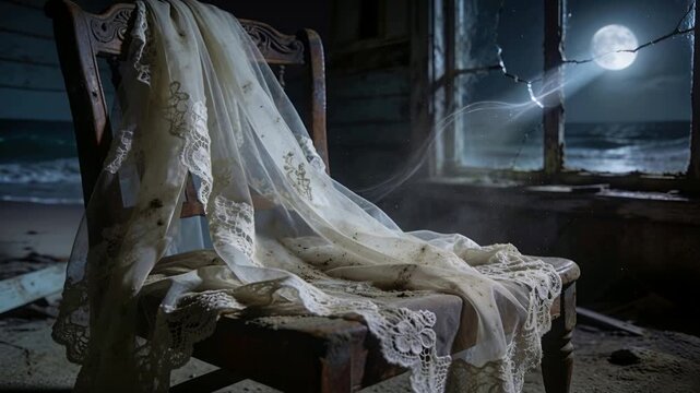 Lifting laced veil over wooden chair, breeze from broken barbed window lifting dust into moonbeam