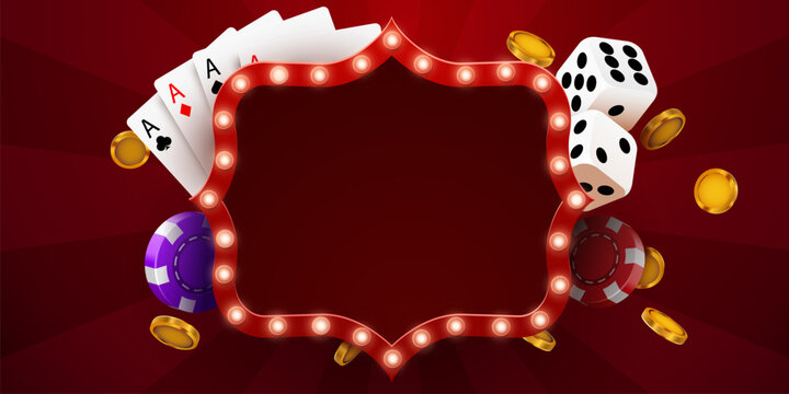 Casino background with glowing vintage frame and poker elements for gambling design. Vector illustration