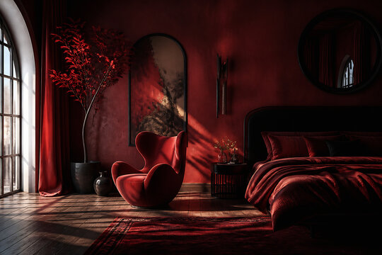 A dimly lit, richly decorated bedroom with a red accent wall, velvet armchair, and large bed.