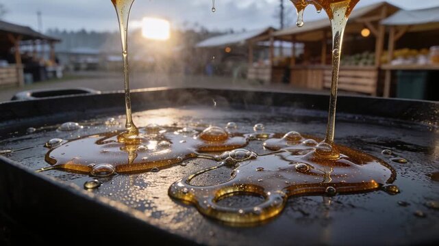 Dropping viscous golden syrup forming glossy pools on hot griddle at market, making caramel ribbons