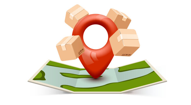 Delivery location pin with cardboard boxes on a map.