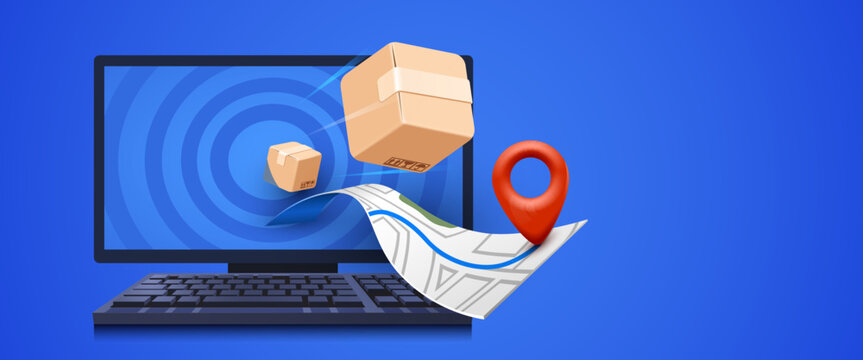 Online delivery concept with parcels and tracking map.