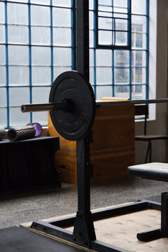 Barbell and squat rack are resting on wooden platform in industrial gym, sunlight streaming
