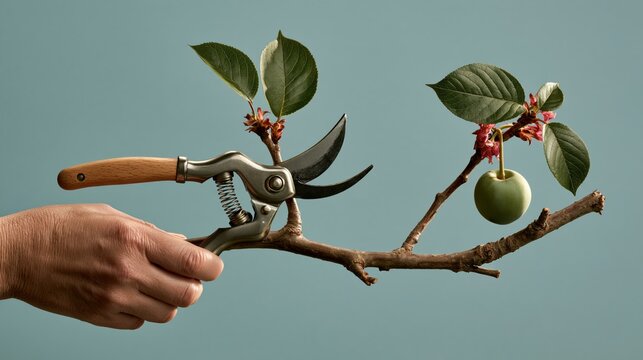 Focused pruning shears cutting a branch, humorous garden