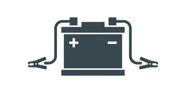 Grey automotive car battery flat icon with jumper cables for repair shop.