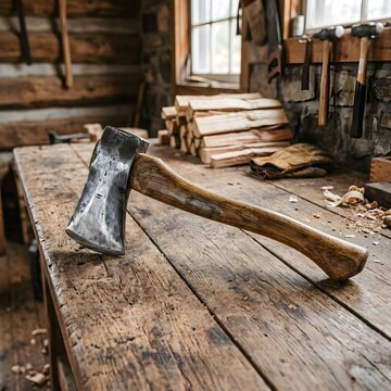 Vintage axe resting on rustic wooden workbench in traditional carpentry workshop with sawdust