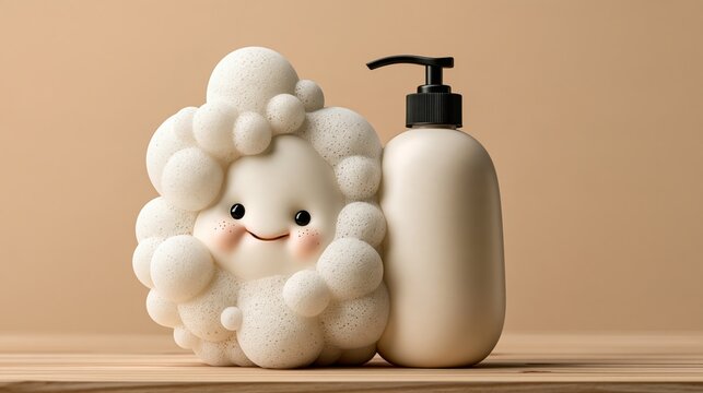 Happy shampoo bottle with bubbles, humorous bathroom photo