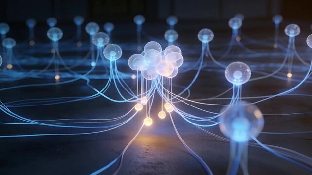 Pulsing cloud cluster sending pulse along blue wires on shiny floor, hanging orbs showing data flow