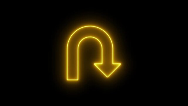 Glowing neon u-turn arrow sign animation on black background, for navigation and, directional