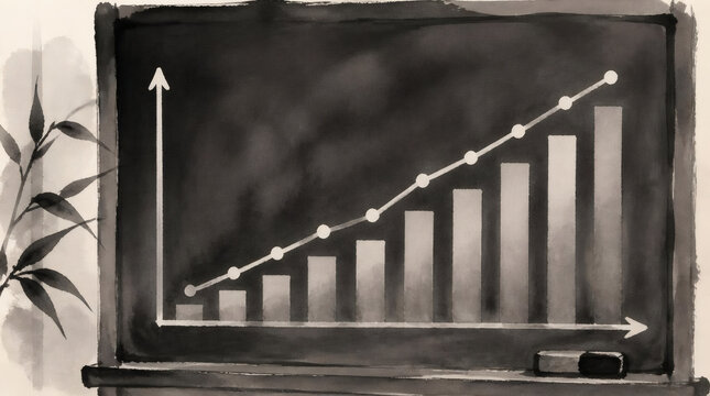 Japanese Ink Wash Growing Bar Chart on Blackboard for Financial Growth and Education
