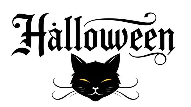Vintage victorian halloween text with blinking black cat on white background.