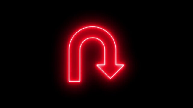 Glowing red neon u-turn arrow sign on black background, directional symbol animation