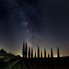 Obraz premium The Milky Way with trees and bleachers in the foreground