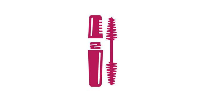 Mascara tube with brush pink flat icon for makeup and cosmetic branding.