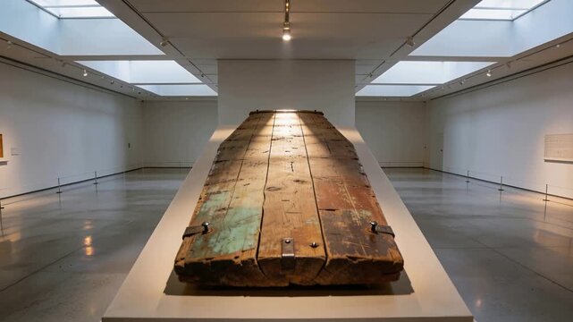 Pulling back, camera revealing weathered plank on plinth at museum, highlighting metal brackets
