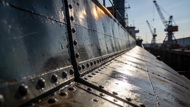 Tracking riveted metal hull at dock while camera operator pushing, revealing wet seam rivets