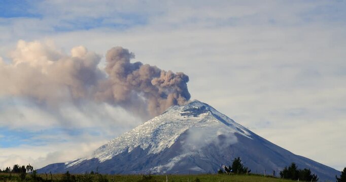 Cotopaxi Volcano, Ecuador, erupting, 12th of May 2023,. Volcanic ash is erupting from the crater. At 5897m altitude one of the world's highest active volcanoes.