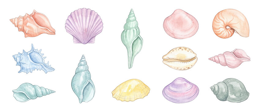 Watercolor seashells collection isolated set featuring pastel sea shell illustrations including scallop nautilus conch clam ocean elements for beach summer design projects coastal decor craft art