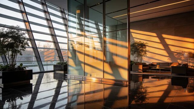 Shifting sun bands sliding across glass partition in lobby as sun shifts, casting glow on floor