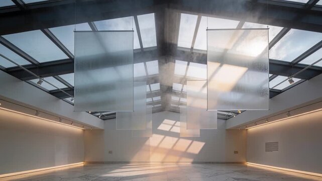 Sun flare making haze, panels and mist forming column in gallery skylight, casting warm floor patch
