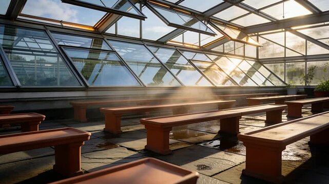 Streaming sunlight as low sun rises, mist rising from puddles across terracotta benches in atrium