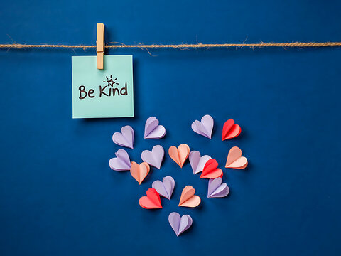 Be Kind message note clip. Origami paper hearts on blue background. Empathy and kindness concept