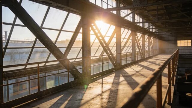 Shifting sunlight brightening empty elevated catwalk and steel trusses inside factory