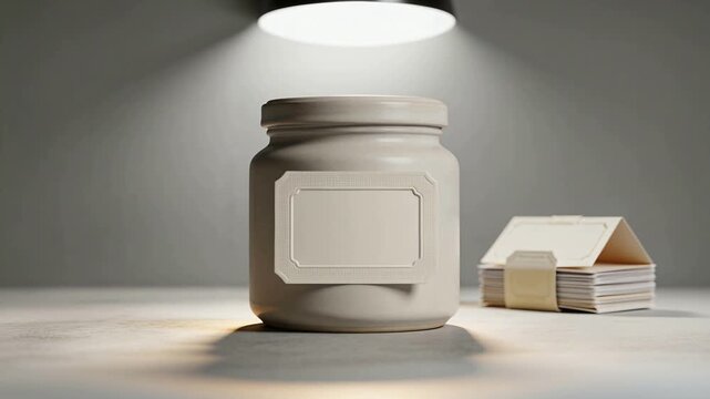 Widening circular spotlight showing center matte jar in studio with paper stack