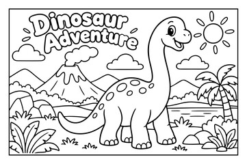 Dinosaur coloring page featuring a cute brontosaurus standing in a prehistoric landscape with active volcano © Hokyubi