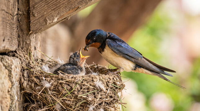 Adult swallow feeding a chick in a nest on a rustic farm wall  