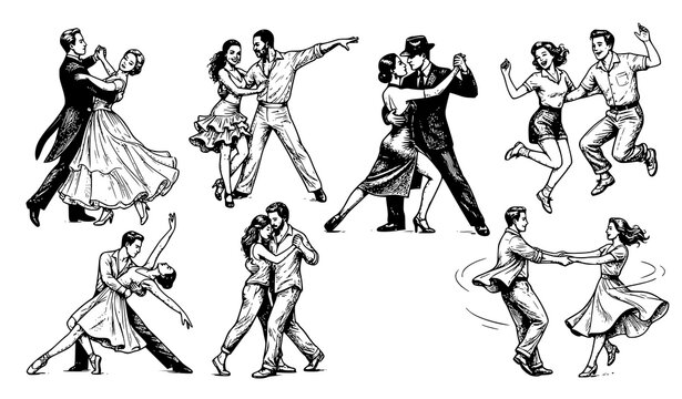 Collection of ballroom dancing couples performing tango poses, detailed hand drawn monochrome vector illustration