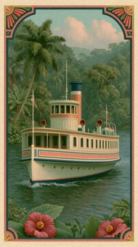 Vintage boat on tropical river, framed design, ideal mobile wallpaper.