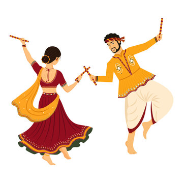 Happy Navratri Indian festival celebration background design with couple dancing with dandiya, vector illustration.