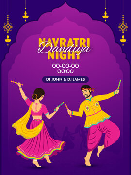 Happy Navratri Indian festival celebration background design with couple dancing with dandiya, vector illustration.
