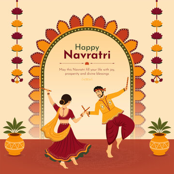 Happy Navratri Indian festival celebration background design with couple dancing with dandiya, vector illustration.